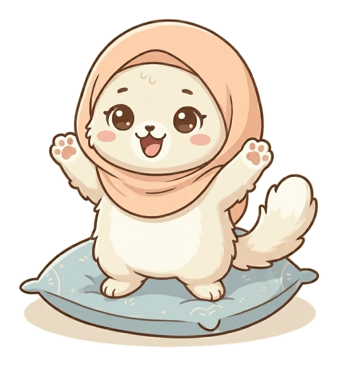 Raira the kitten in a peach hijab sitting on a sky-blue cushion